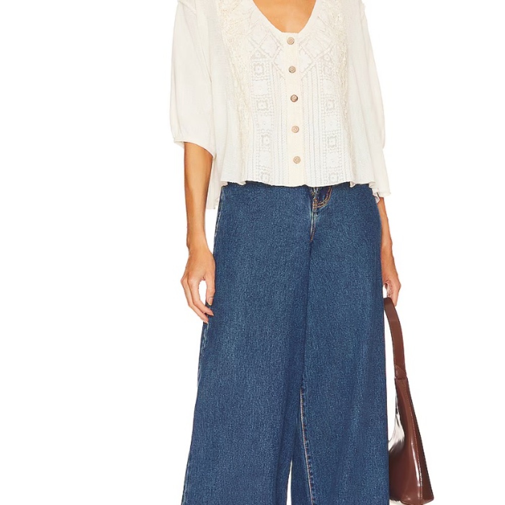 Free People Mae Top- with Ivory Lace and Button Detail - Picture 2 of 4